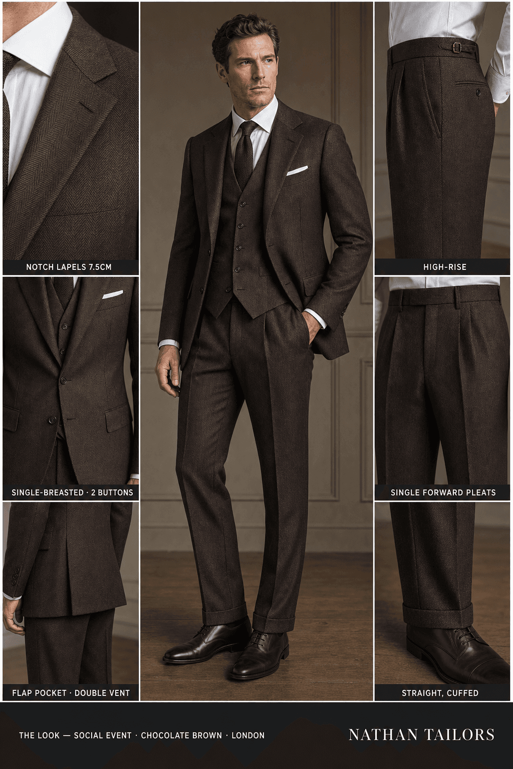 chocolate brown herringbone single-breasted notch-lapel bespoke suit — AI-rendered by Nathan Tailors, the Hoi An custom tailor. Available as a custom tailored suit from $129.