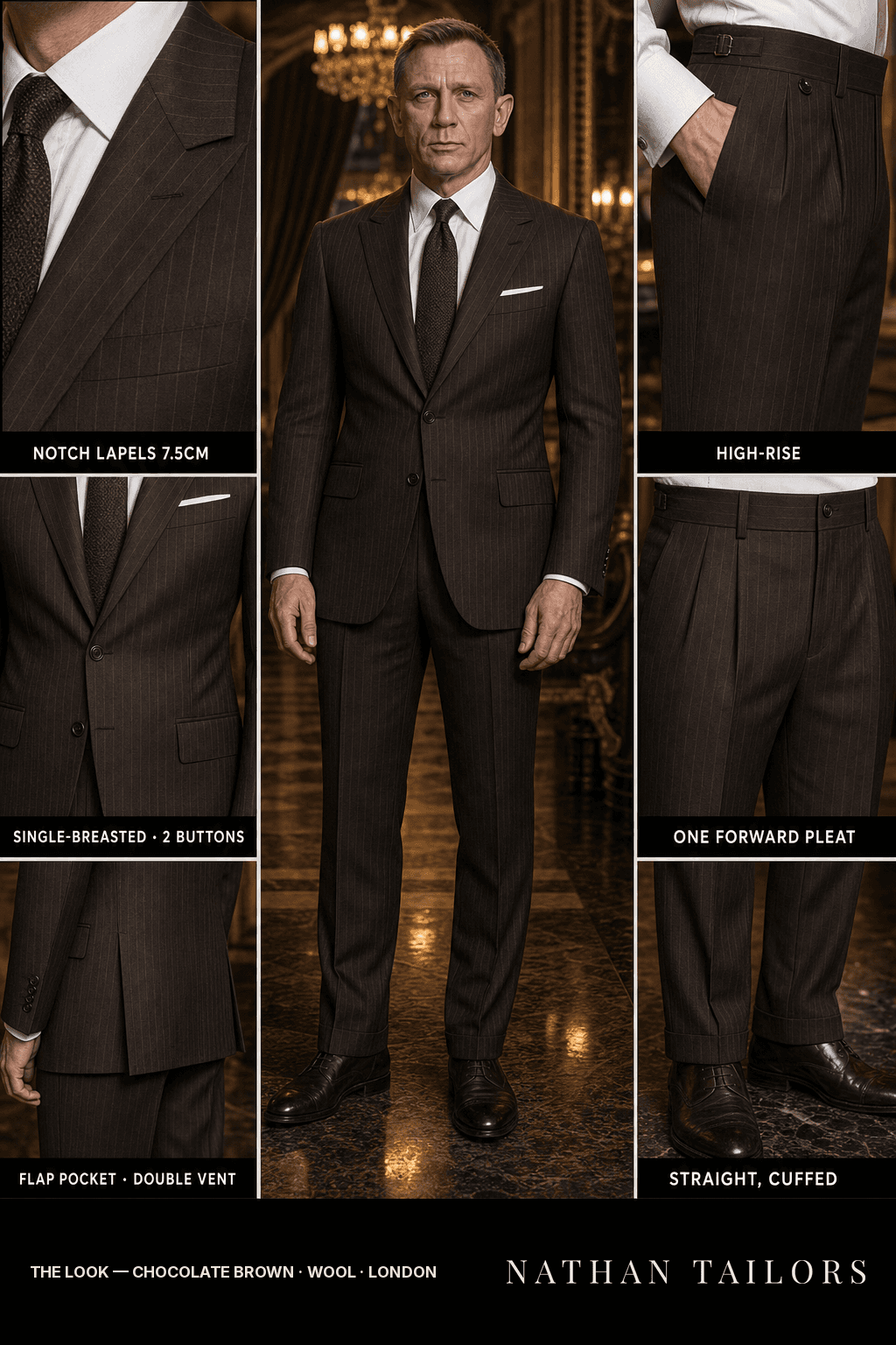 chocolate brown pinstripe single-breasted bespoke suit — custom tailored by Nathan Tailors, the Hoi An custom tailor