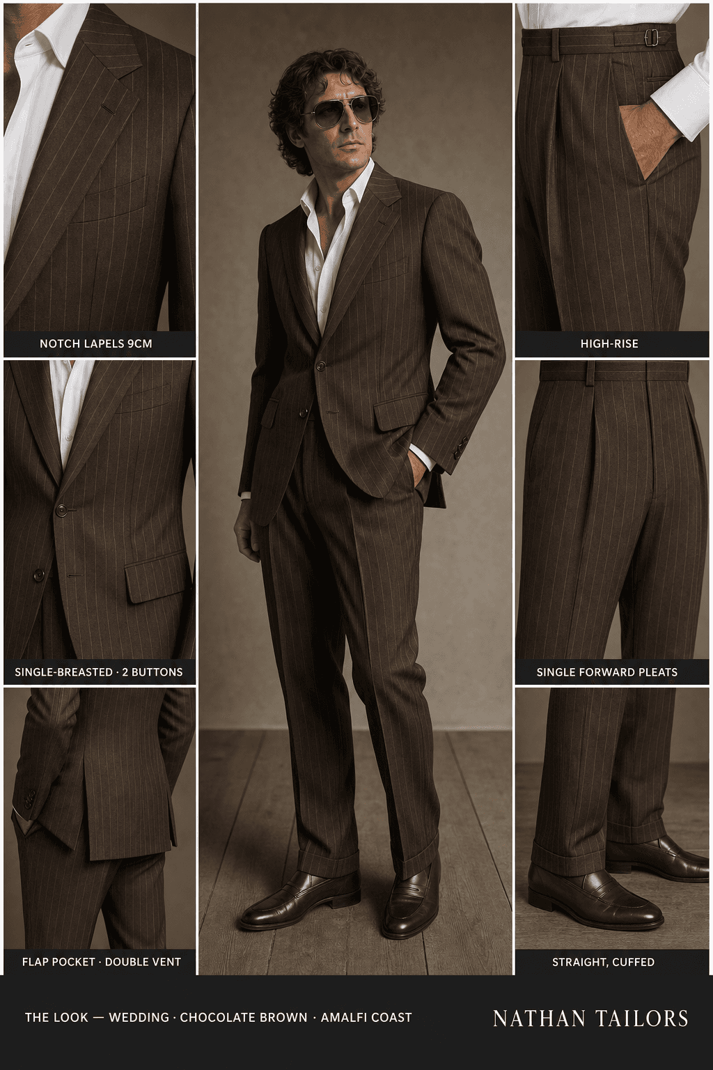 chocolate brown pinstripe single-breasted notch-lapel bespoke suit — AI-rendered by Nathan Tailors, the Hoi An custom tailor. Available as a custom tailored suit from $129.