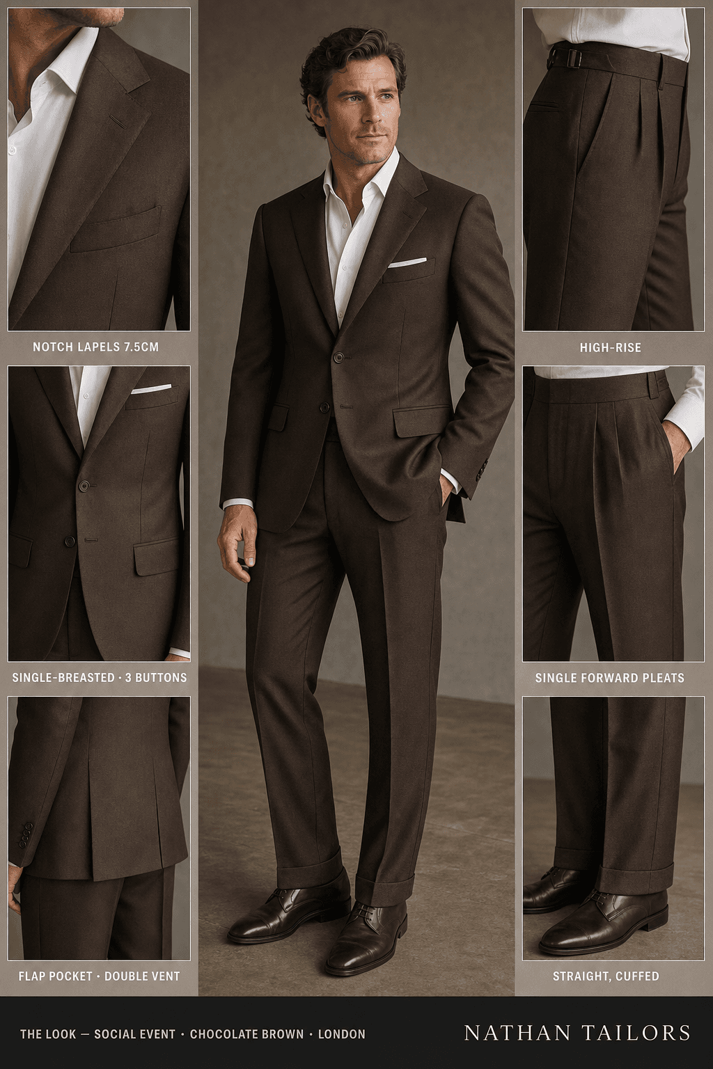 chocolate brown single-breasted bespoke suit — custom tailored by Nathan Tailors, the Hoi An custom tailor