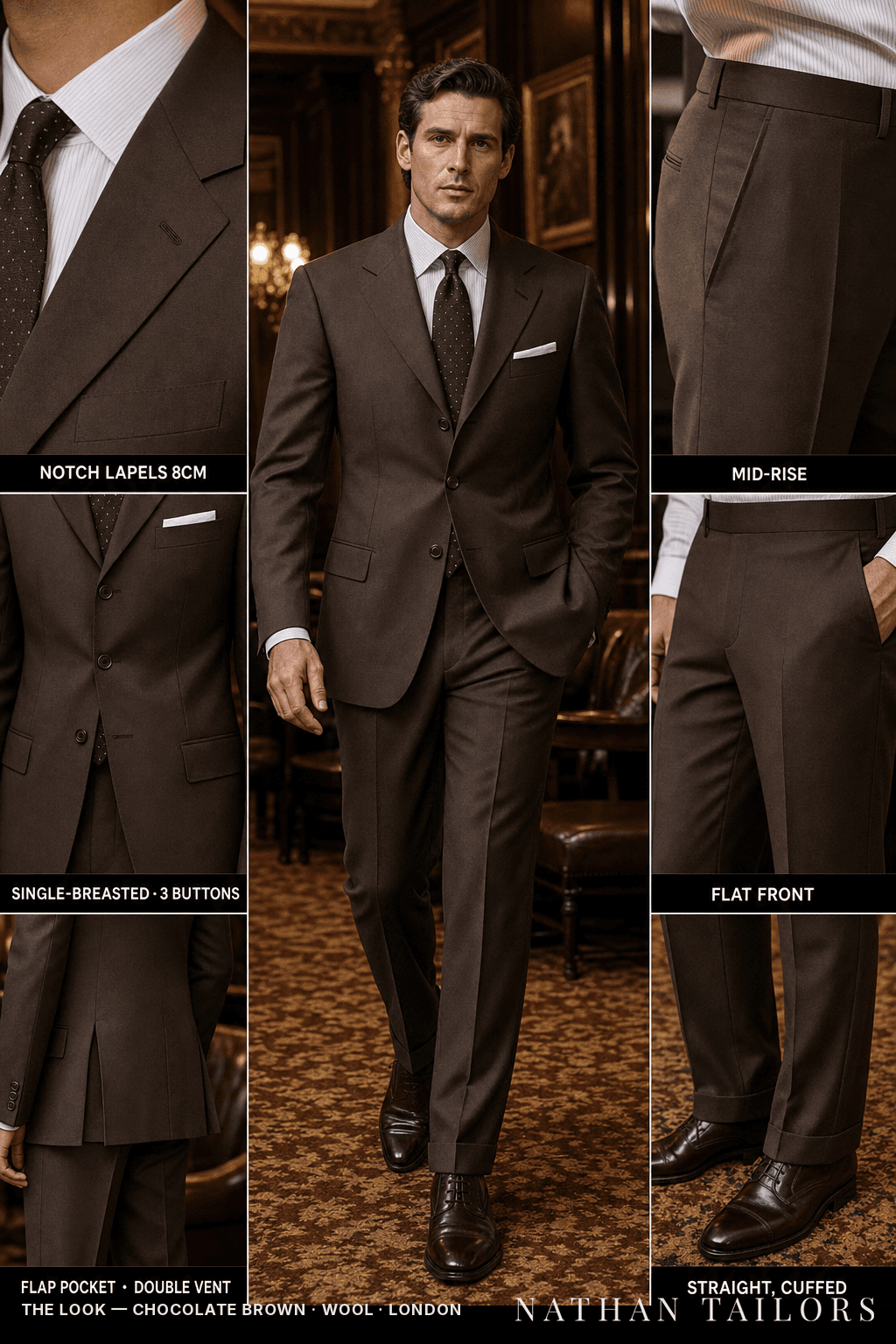 chocolate brown single-breasted bespoke suit — custom tailored by Nathan Tailors, the Hoi An custom tailor