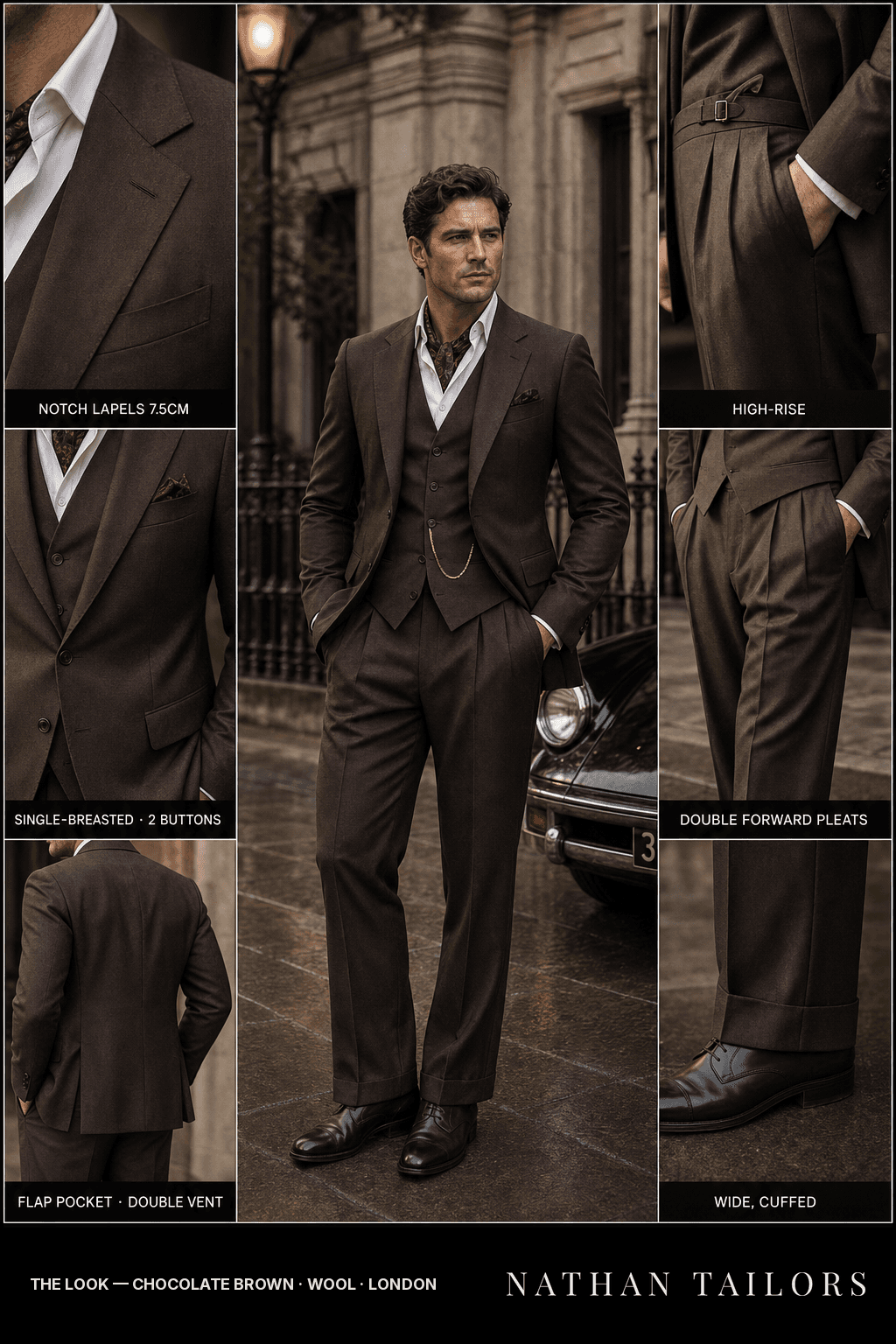 chocolate brown single-breasted bespoke suit — custom tailored by Nathan Tailors, the Hoi An custom tailor