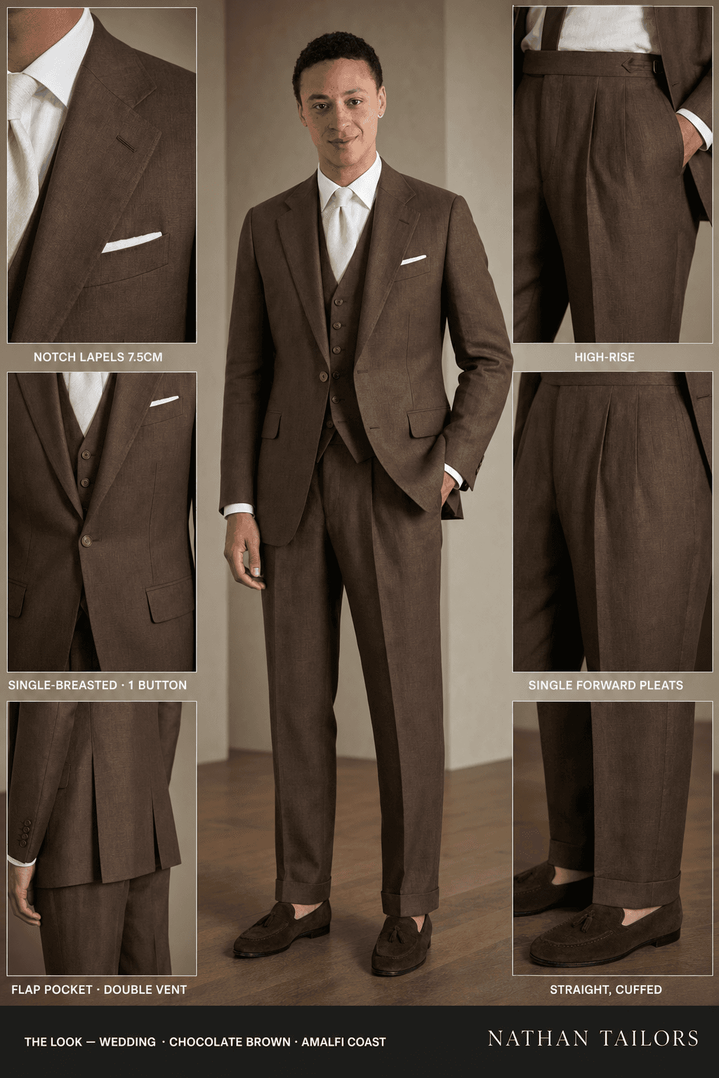 chocolate brown single-breasted bespoke suit — custom tailored by Nathan Tailors, the Hoi An custom tailor