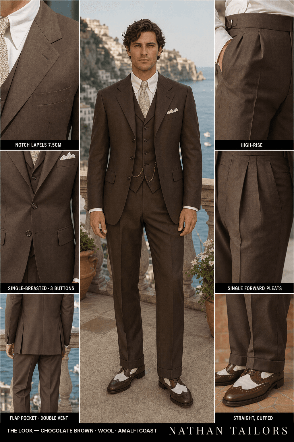 chocolate brown single-breasted bespoke suit — custom tailored by Nathan Tailors, the Hoi An custom tailor