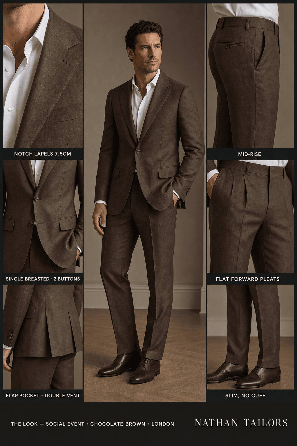 chocolate brown single-breasted bespoke suit — custom tailored by Nathan Tailors, the Hoi An custom tailor