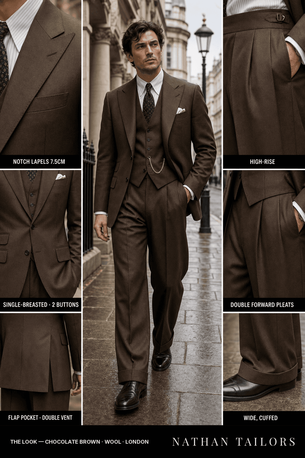 chocolate brown single-breasted bespoke suit — custom tailored by Nathan Tailors, the Hoi An custom tailor