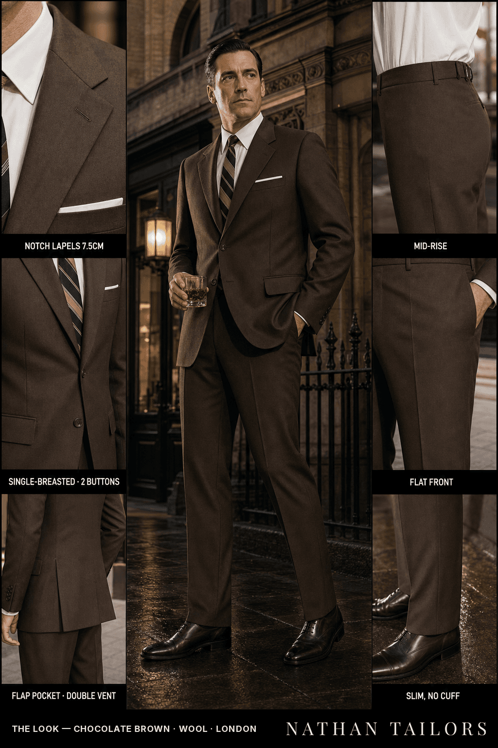 chocolate brown single-breasted bespoke suit — custom tailored by Nathan Tailors, the Hoi An custom tailor
