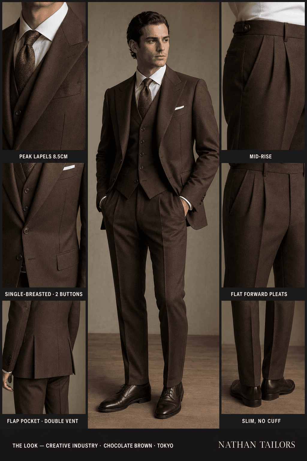 chocolate brown single-breasted peak-lapel bespoke suit — AI-rendered by Nathan Tailors, the Hoi An custom tailor. Available as a custom tailored suit from $129.