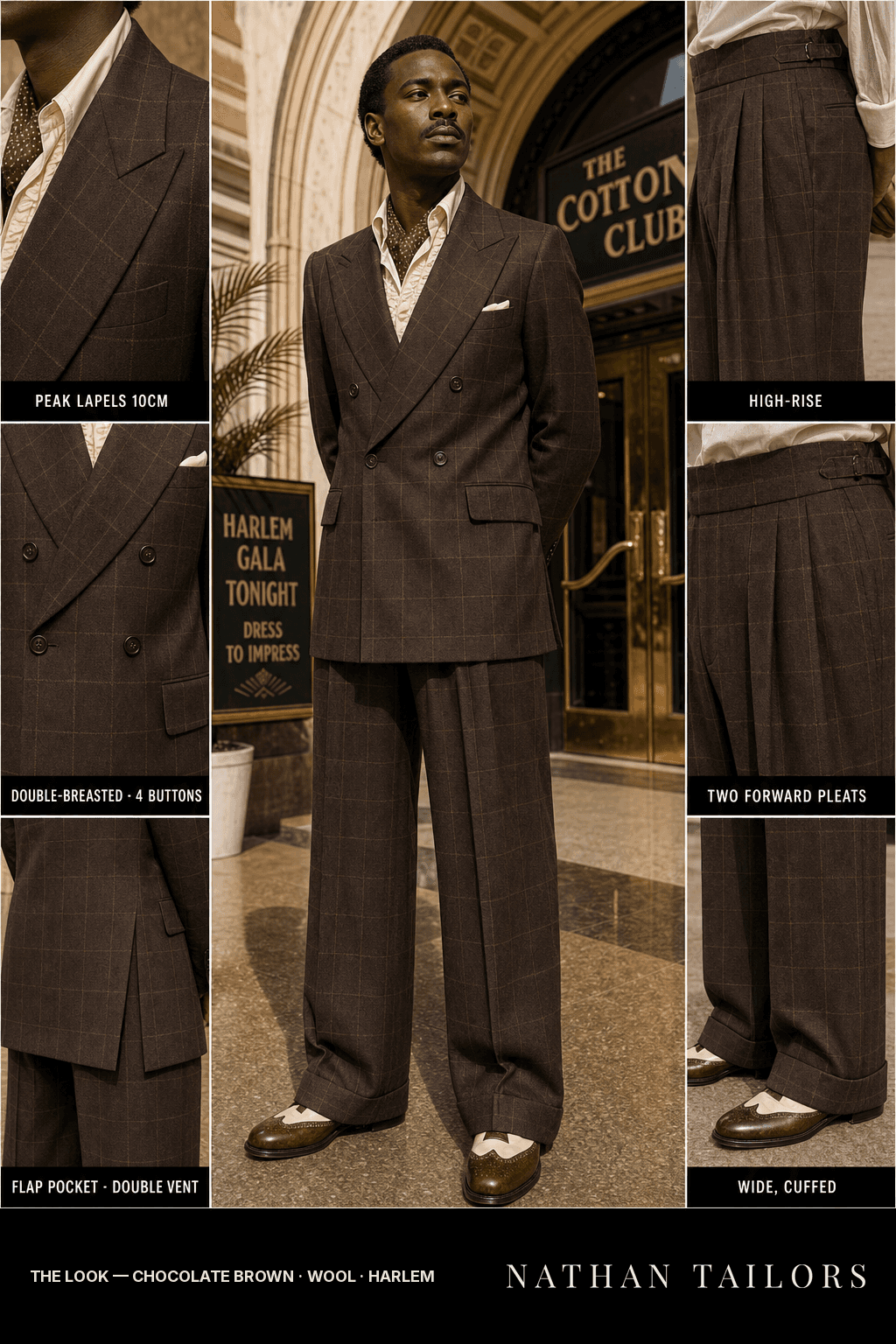 chocolate brown windowpane double-breasted bespoke suit — custom tailored by Nathan Tailors, the Hoi An custom tailor