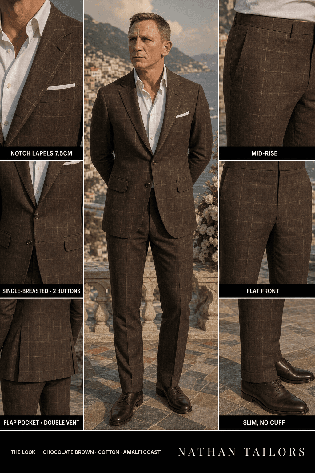 chocolate brown windowpane single-breasted bespoke suit — custom tailored by Nathan Tailors, the Hoi An custom tailor