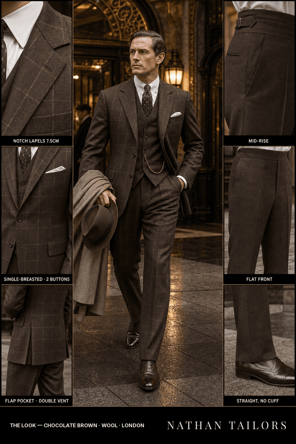 chocolate brown windowpane single-breasted bespoke suit — custom tailored by Nathan Tailors, the Hoi An custom tailor