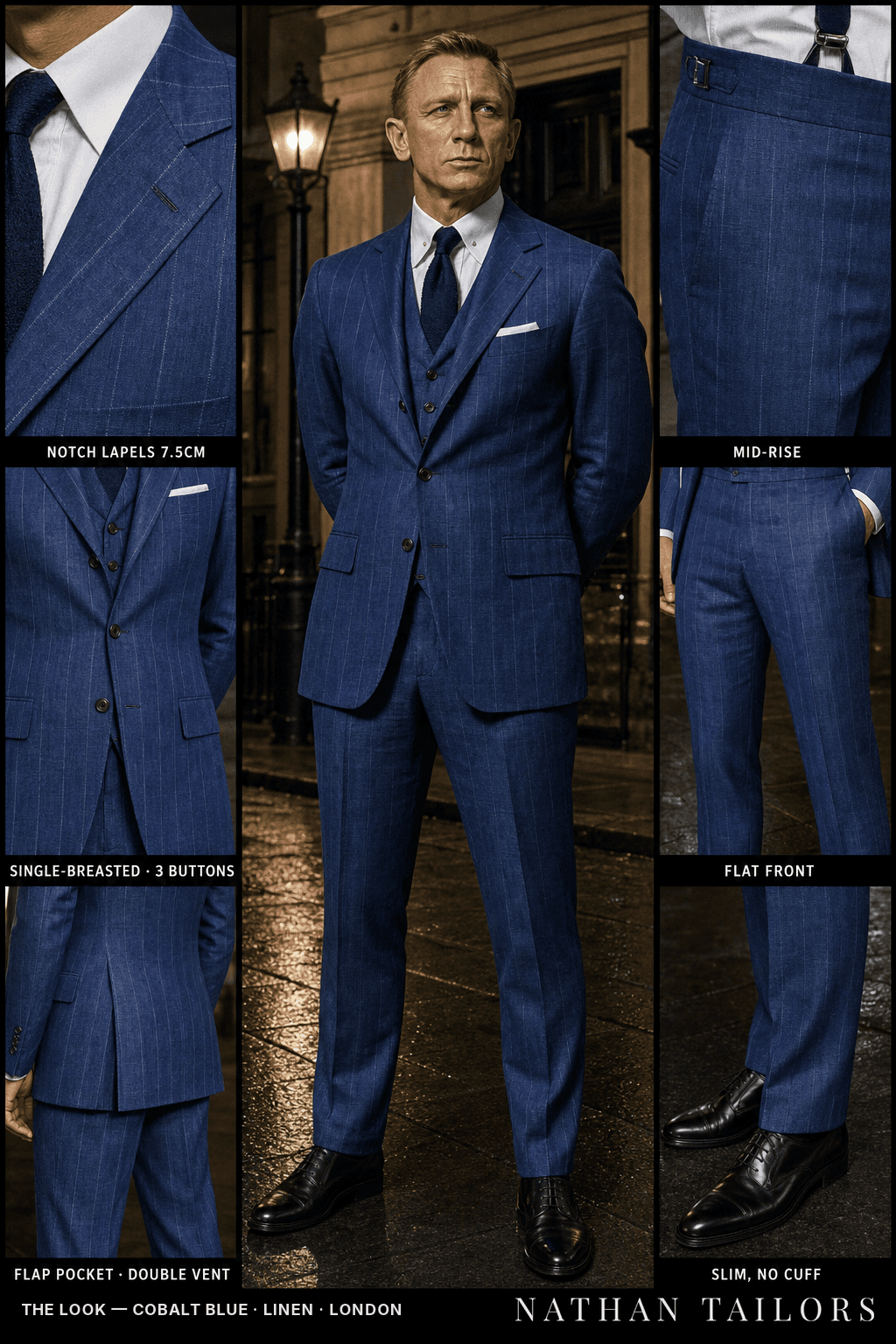 cobalt blue chalk stripe single-breasted notch-lapel bespoke suit — AI-rendered by Nathan Tailors, the Hoi An custom tailor. Available as a custom tailored suit from $149.