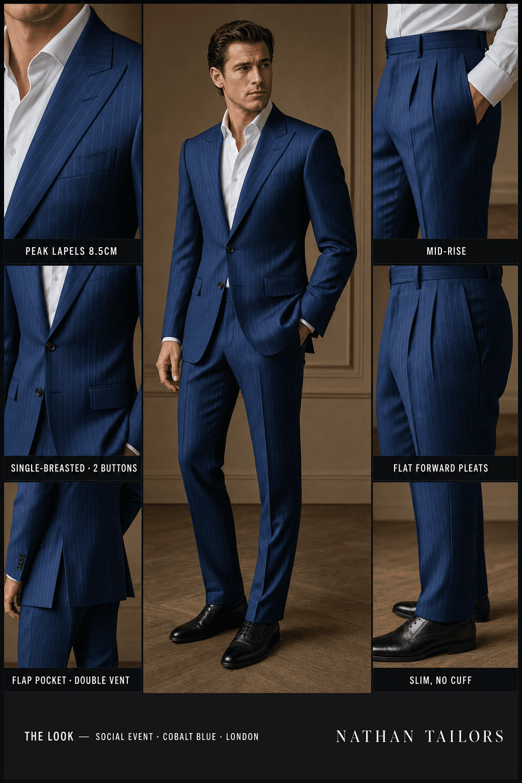 cobalt blue pinstripe single-breasted peak-lapel bespoke suit — AI-rendered by Nathan Tailors, the Hoi An custom tailor. Available as a custom tailored suit from $129.