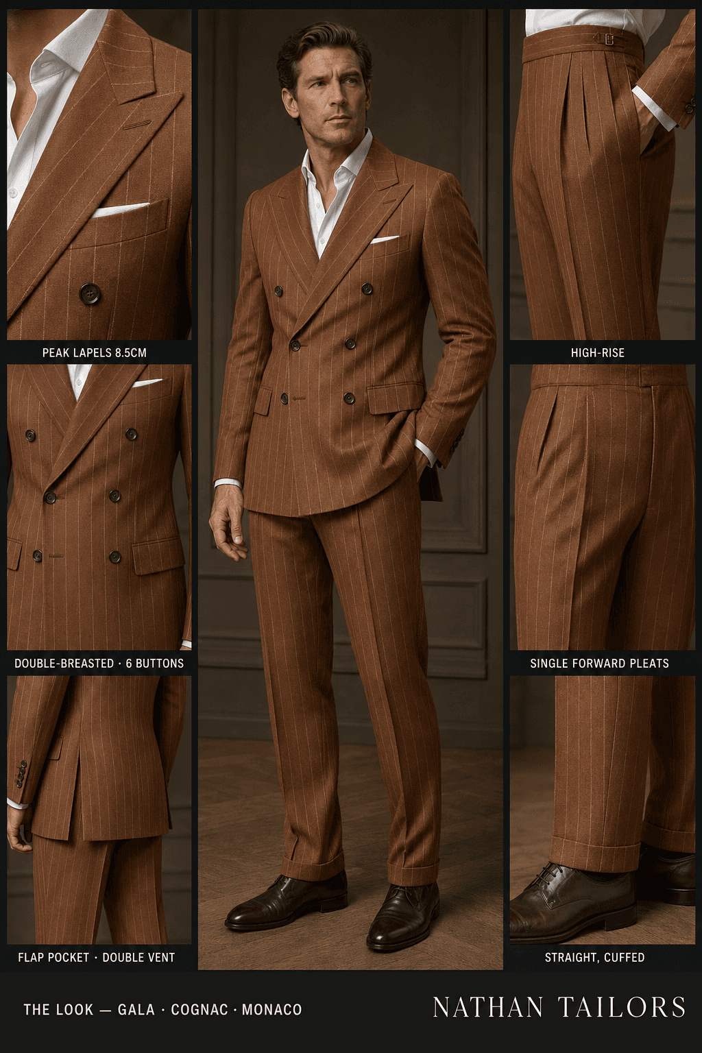 cognac double-breasted suit — Nathan Tailors Hoi An tailor Atelier render