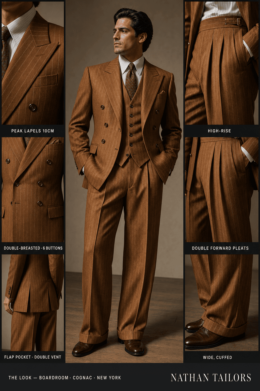 cognac chalk stripe double-breasted peak-lapel bespoke suit — AI-rendered by Nathan Tailors, the Hoi An custom tailor. Available as a custom tailored suit from $129.