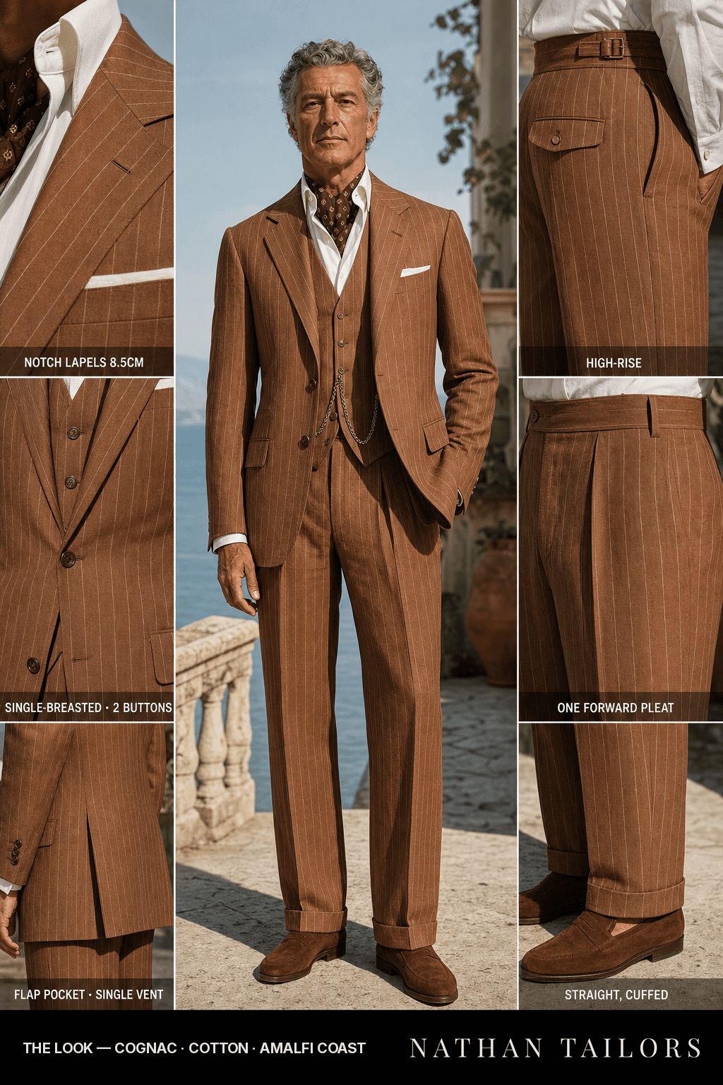 cognac chalk_stripe single-breasted bespoke suit — custom tailored by Nathan Tailors, the Hoi An custom tailor