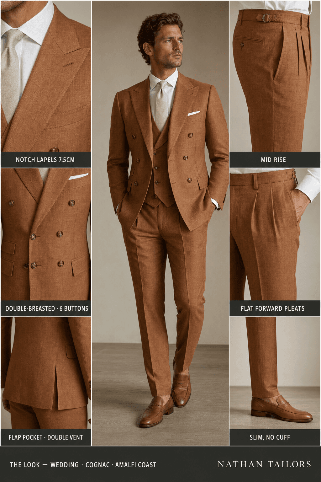 cognac double-breasted bespoke suit — custom tailored by Nathan Tailors, the Hoi An custom tailor