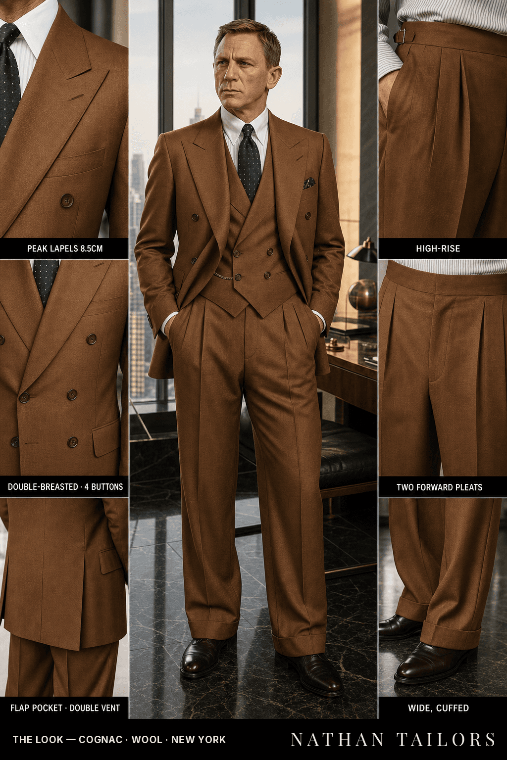 cognac double-breasted peak-lapel bespoke suit — AI-rendered by Nathan Tailors, the Hoi An custom tailor. Available as a custom tailored suit from $149.