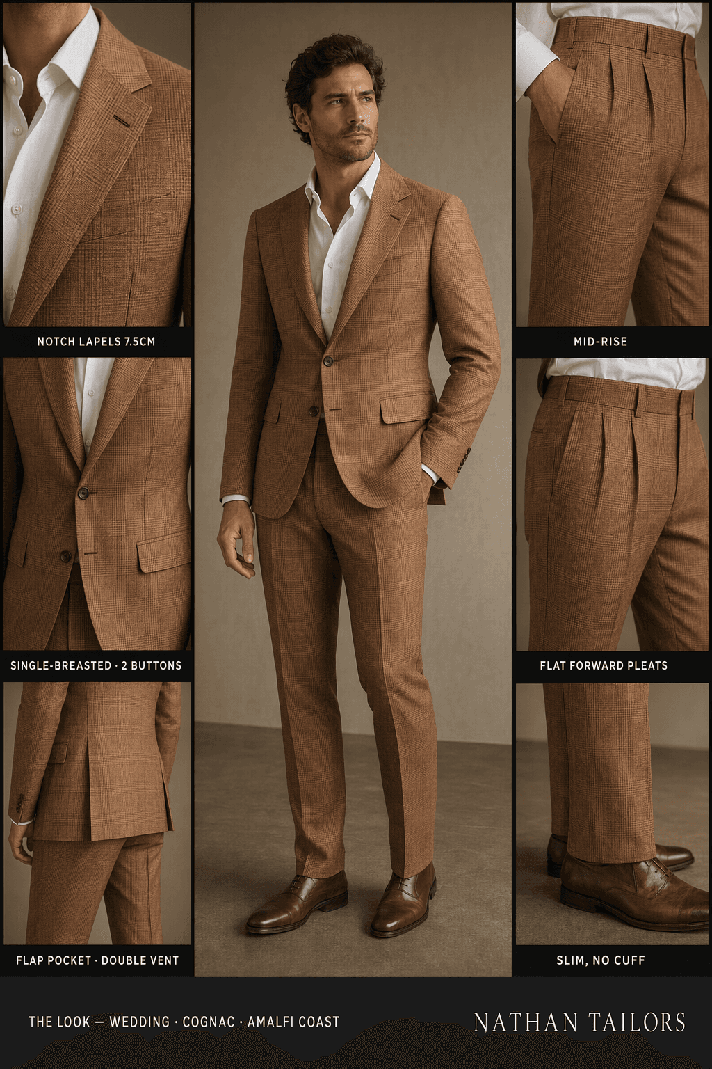 cognac single-breasted suit — Nathan Tailors Hoi An tailor Atelier render