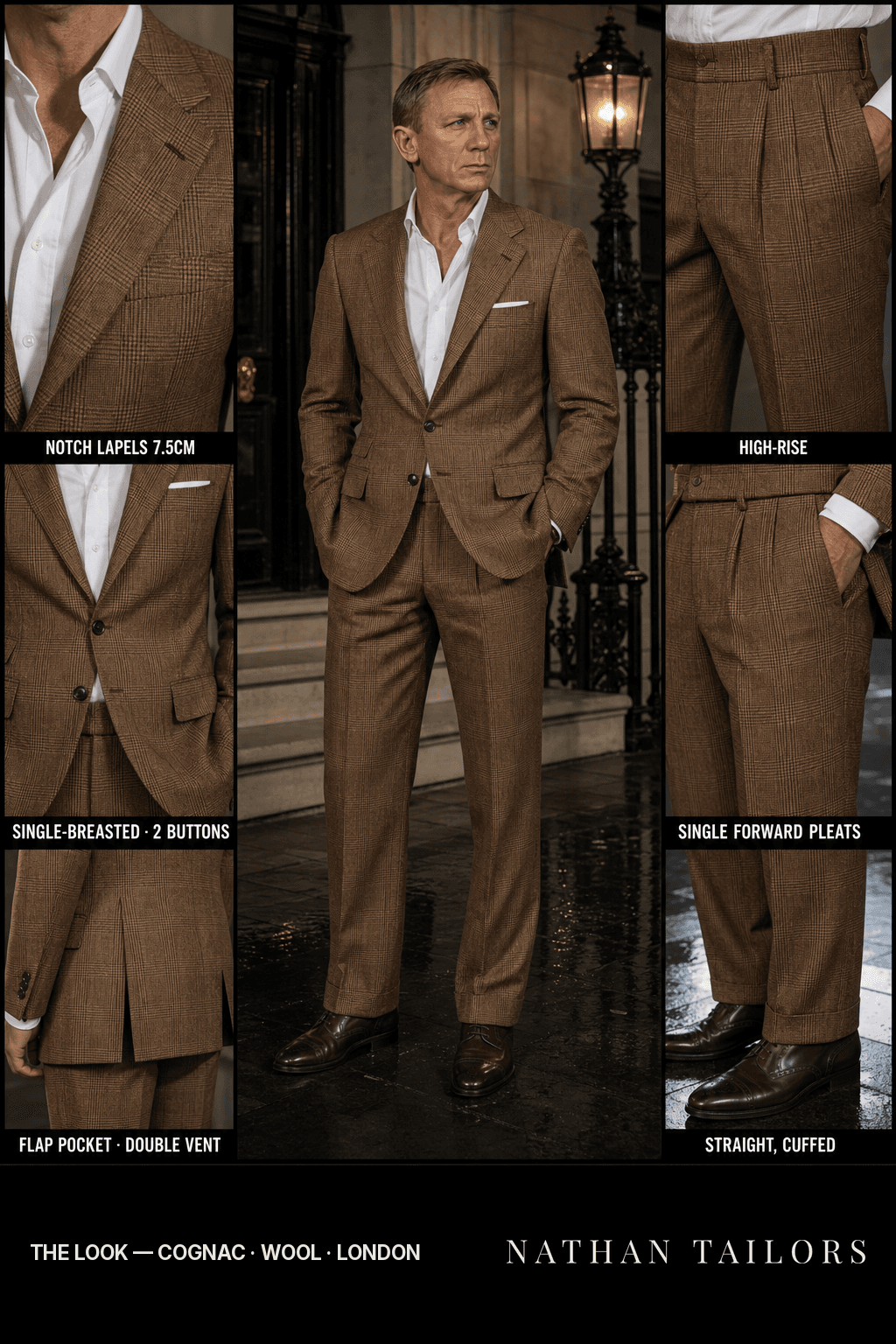 cognac glen plaid single-breasted notch-lapel bespoke suit — AI-rendered by Nathan Tailors, the Hoi An custom tailor. Available as a custom tailored suit from $149.