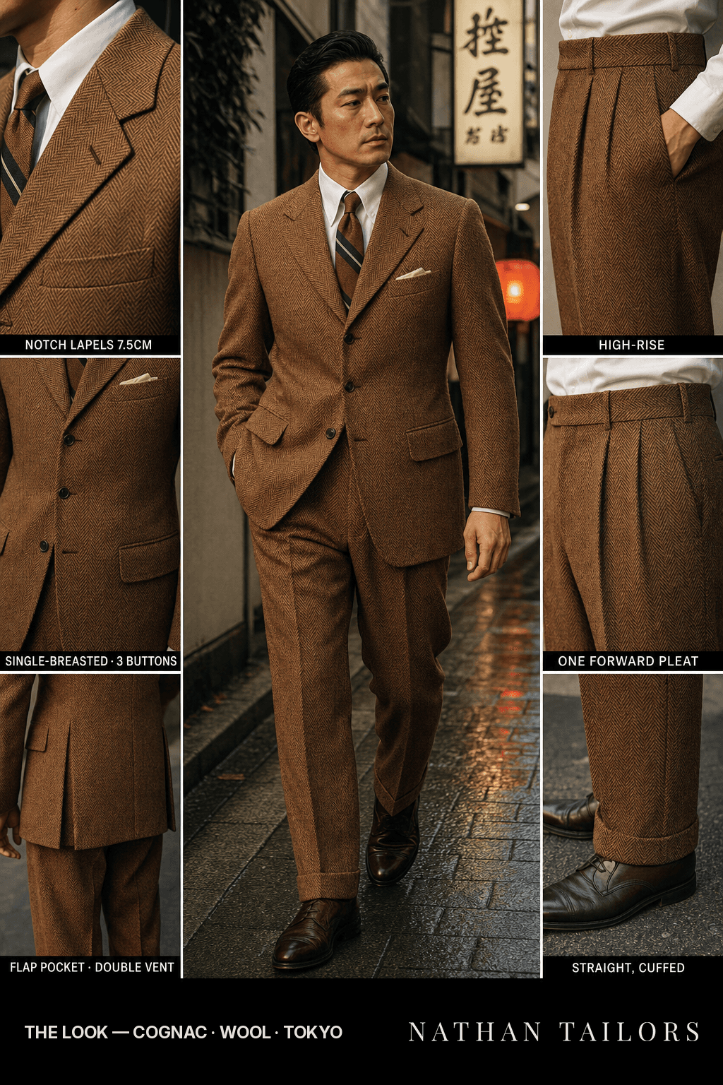 cognac herringbone single-breasted bespoke suit — custom tailored by Nathan Tailors, the Hoi An custom tailor