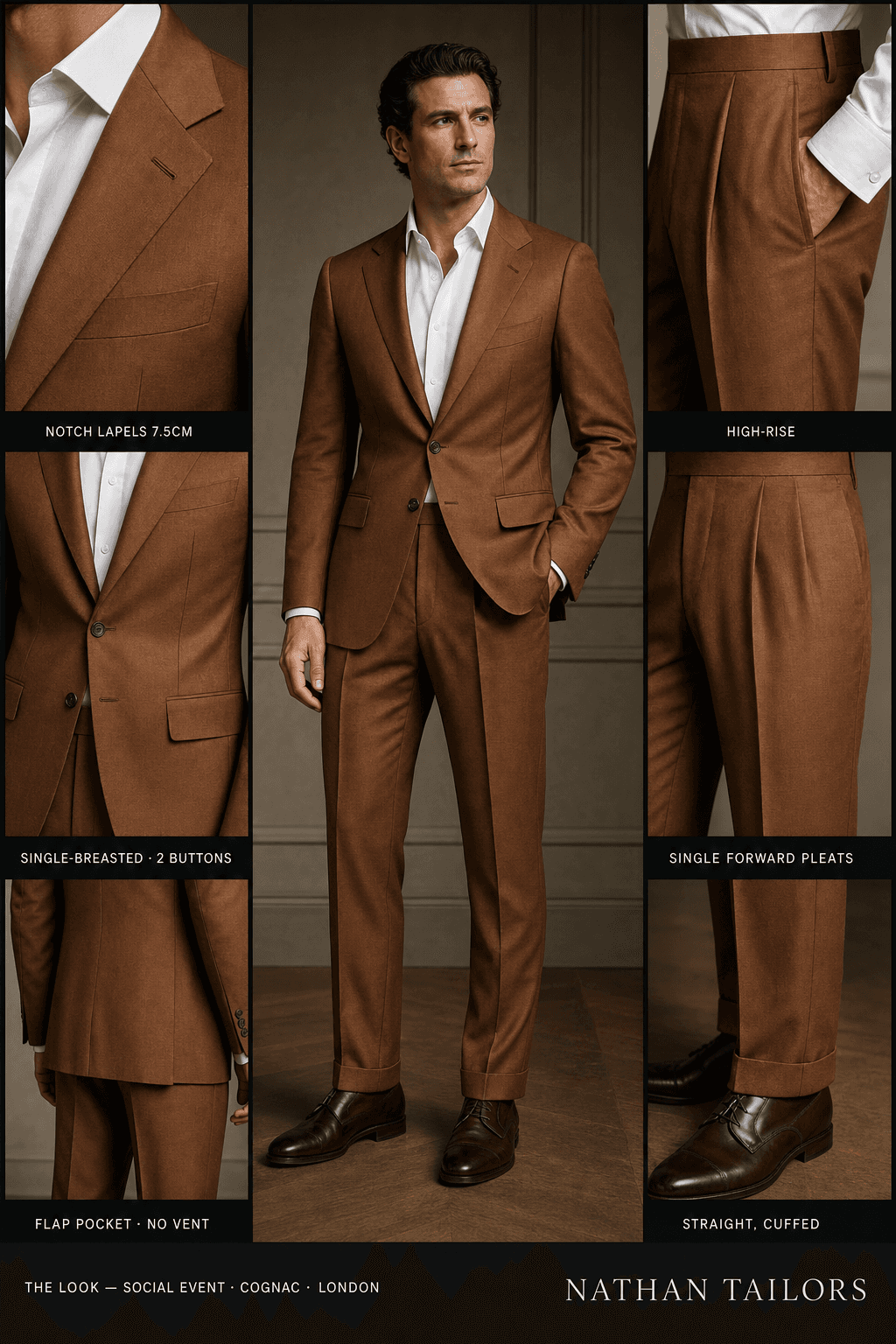 cognac single-breasted notch-lapel bespoke suit — AI-rendered by Nathan Tailors, the Hoi An custom tailor. Available as a custom tailored suit from $129.