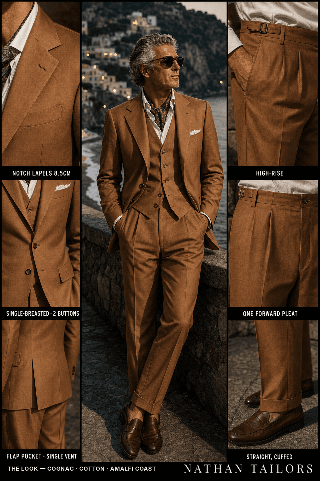 cognac single-breasted bespoke suit — custom tailored by Nathan Tailors, the Hoi An custom tailor
