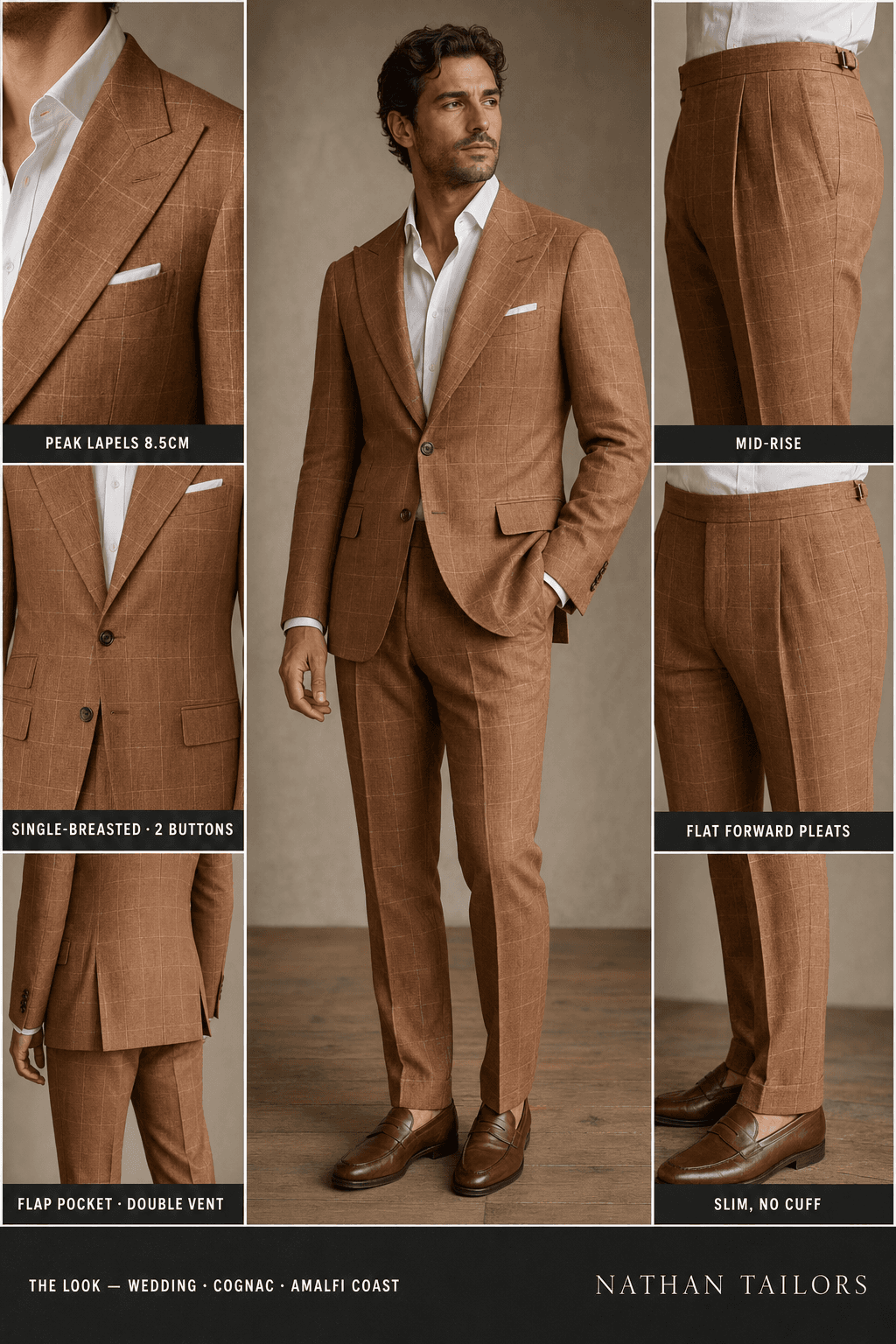 cognac single-breasted suit — Nathan Tailors Hoi An tailor Atelier render