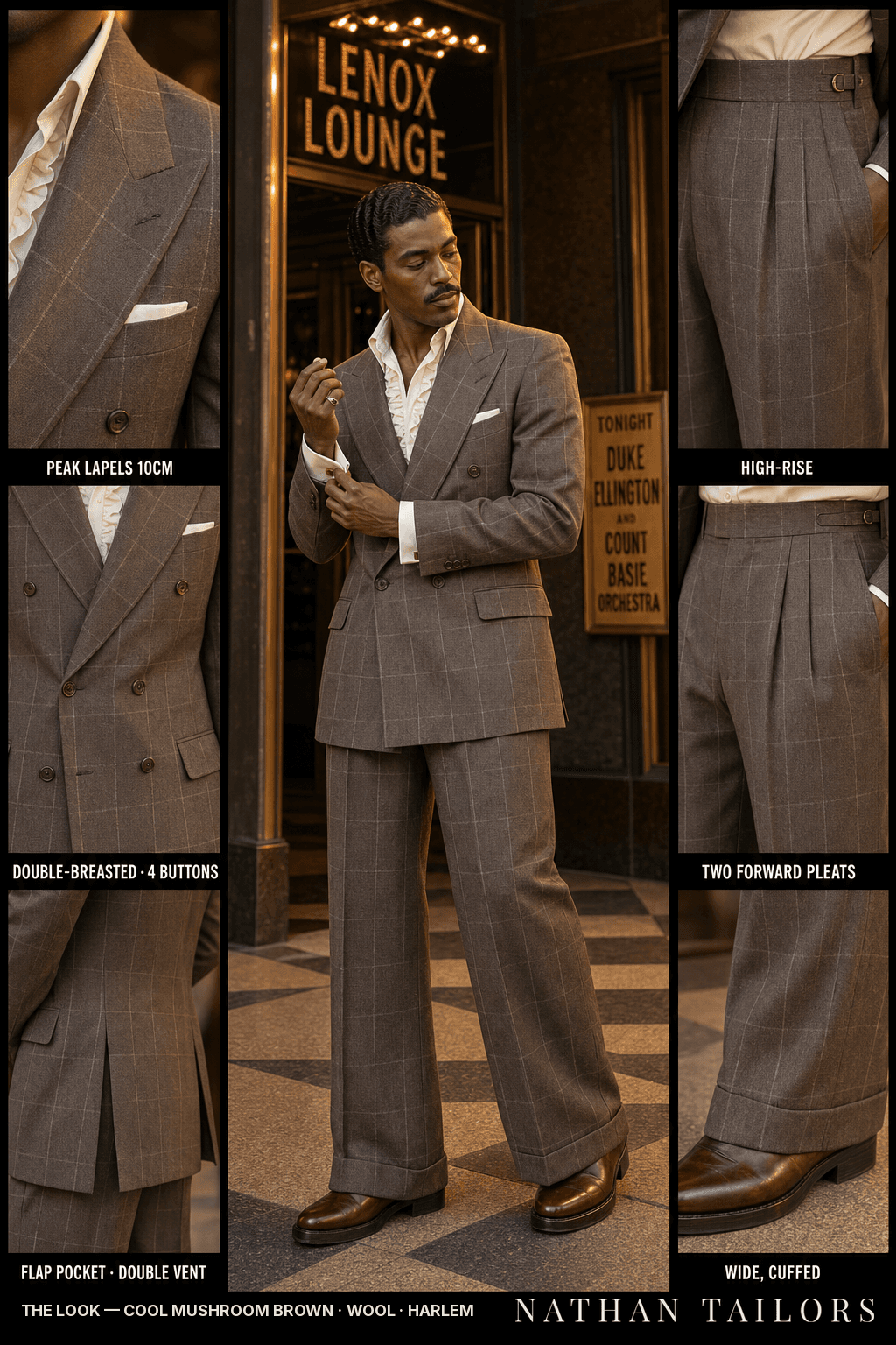 cool mushroom brown windowpane double-breasted bespoke suit — custom tailored by Nathan Tailors, the Hoi An custom tailor