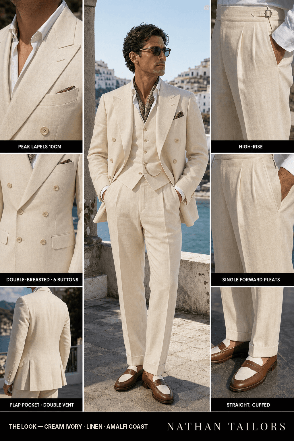 cream ivory double-breasted peak-lapel bespoke suit — AI-rendered by Nathan Tailors, the Hoi An custom tailor. Available as a custom tailored suit from $149.
