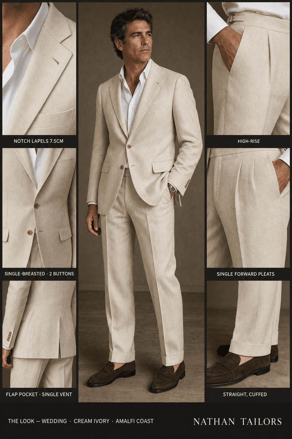 cream ivory herringbone single-breasted bespoke suit — custom tailored by Nathan Tailors, the Hoi An custom tailor