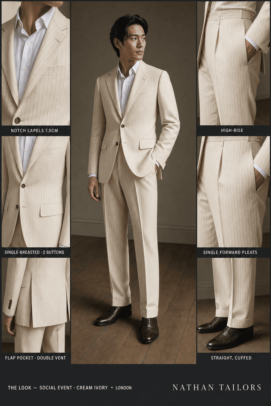 cream ivory pinstripe single-breasted notch-lapel bespoke suit — AI-rendered by Nathan Tailors, the Hoi An custom tailor. Available as a custom tailored suit from $149.