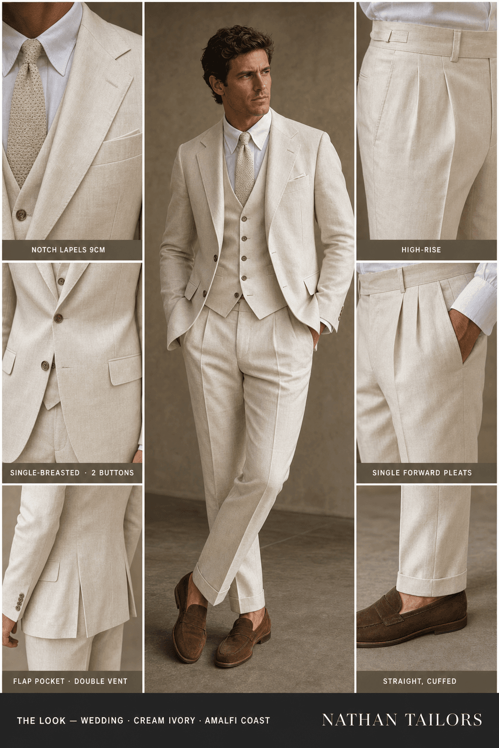 cream ivory single-breasted notch-lapel bespoke suit — AI-rendered by Nathan Tailors, the Hoi An custom tailor. Available as a custom tailored suit from $129.