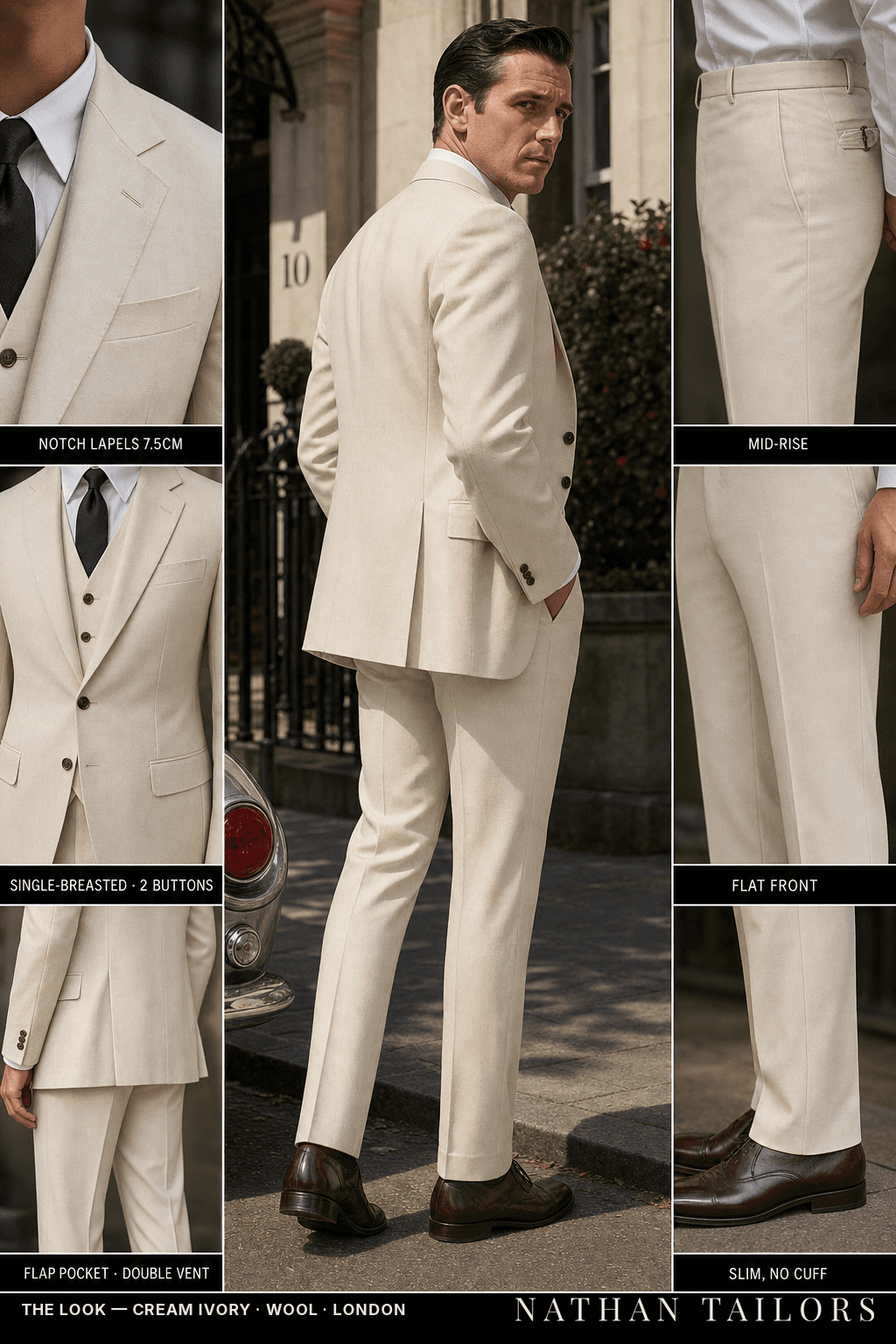 cream ivory single-breasted notch-lapel bespoke suit — AI-rendered by Nathan Tailors, the Hoi An custom tailor. Available as a custom tailored suit from $149.