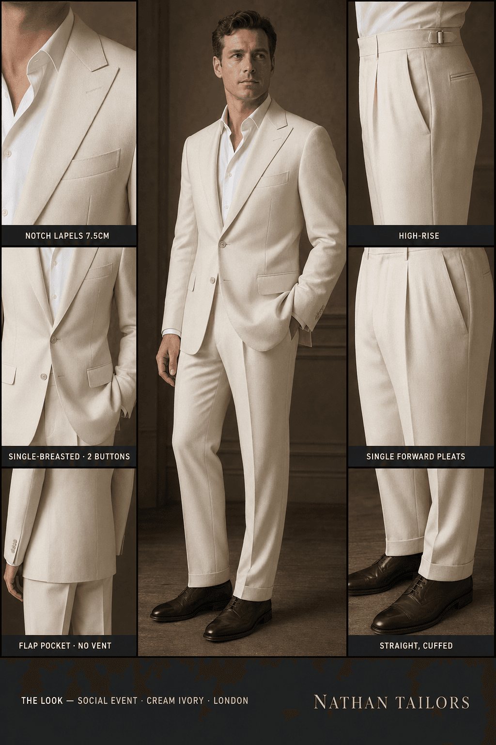 cream ivory single-breasted notch-lapel bespoke suit — AI-rendered by Nathan Tailors, the Hoi An custom tailor. Available as a custom tailored suit from $129.