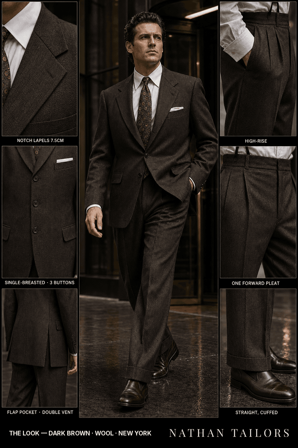 dark brown herringbone single-breasted bespoke suit — custom tailored by Nathan Tailors, the Hoi An custom tailor