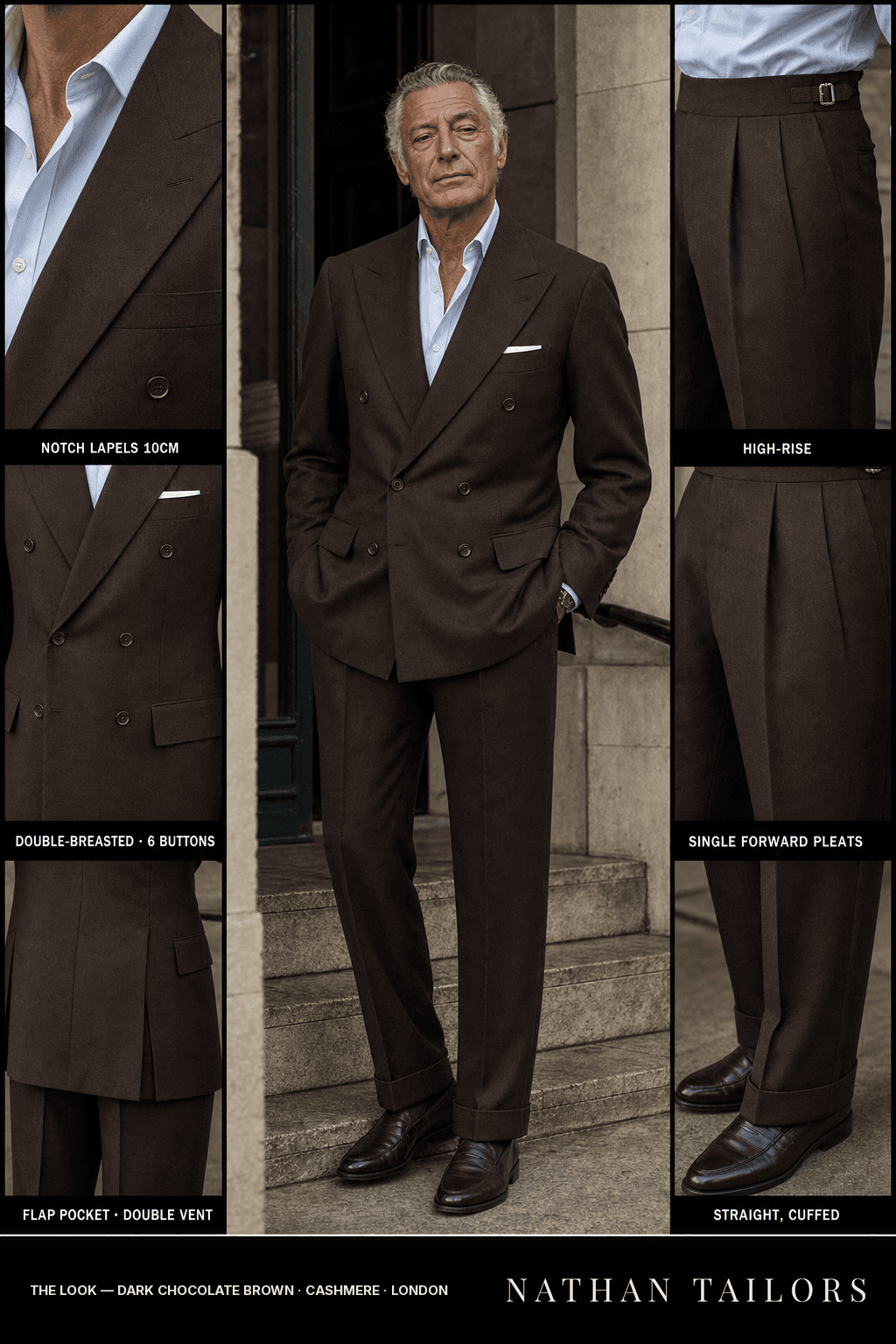 dark chocolate brown double-breasted bespoke suit — custom tailored by Nathan Tailors, the Hoi An custom tailor