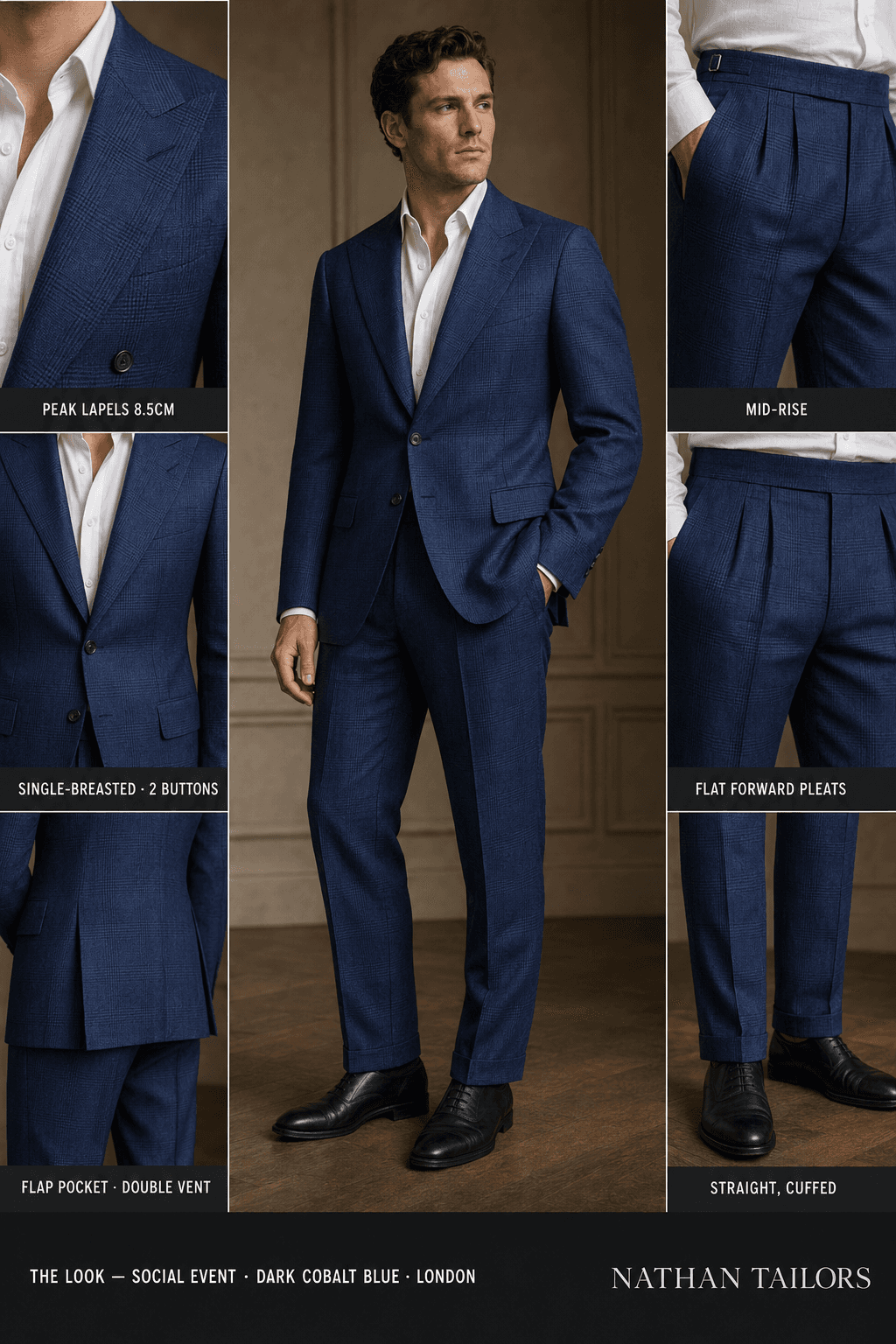 Dark cobalt blue glen_plaid single-breasted bespoke suit — custom tailored by Nathan Tailors, the Hoi An custom tailor