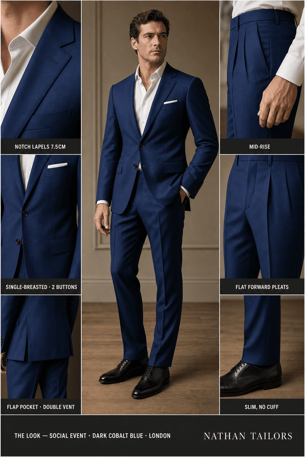 Dark cobalt blue single-breasted bespoke suit — custom tailored by Nathan Tailors, the Hoi An custom tailor