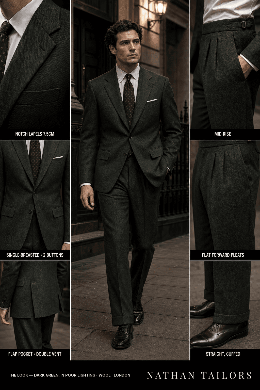 Dark green, in poor lighting herringbone single-breasted notch-lapel bespoke suit — AI-rendered by Nathan Tailors, the Hoi An custom tailor. Available as a custom tailored suit from $149.