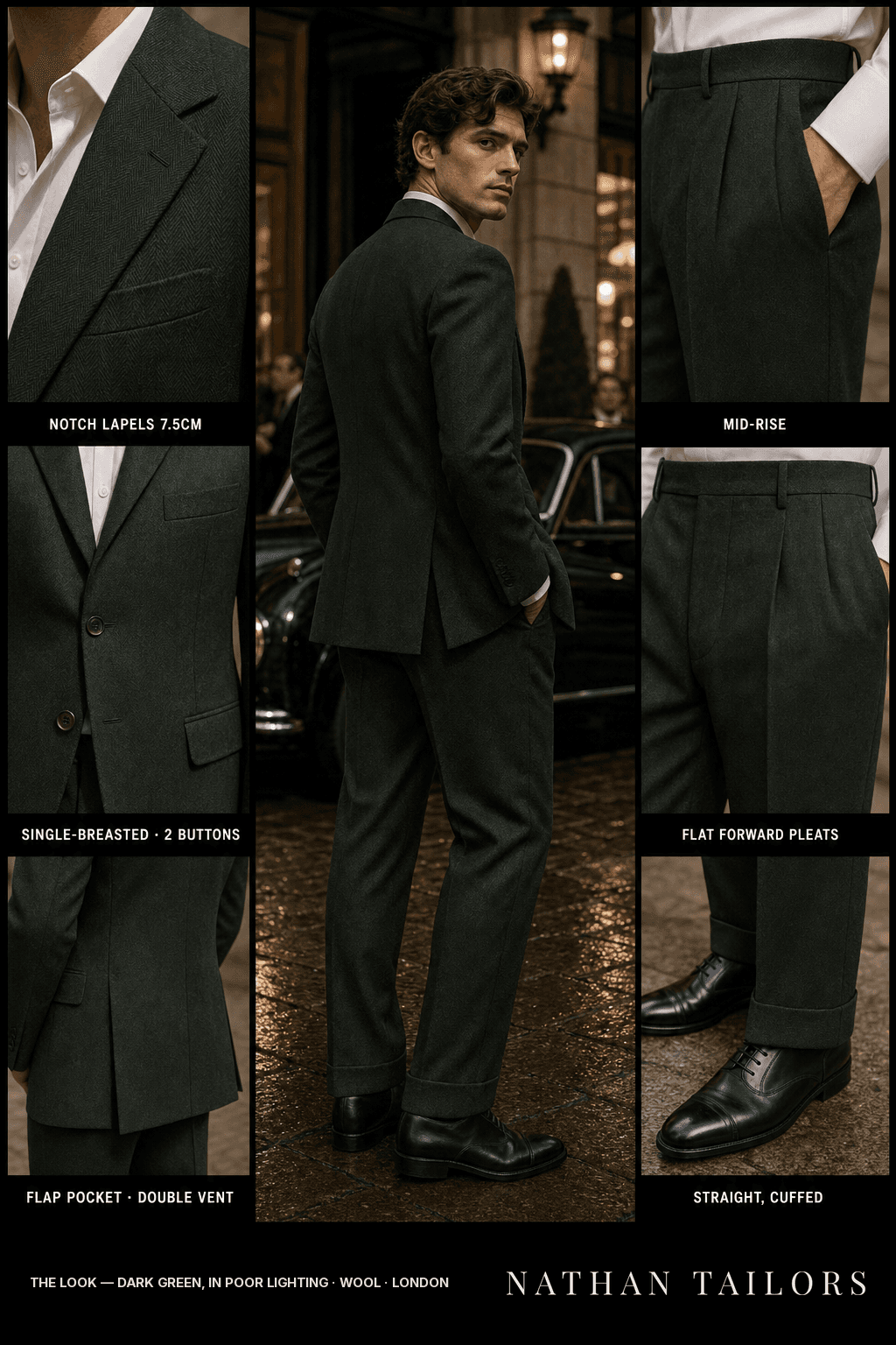 Dark green, in poor lighting herringbone single-breasted bespoke suit — custom tailored by Nathan Tailors, the Hoi An custom tailor