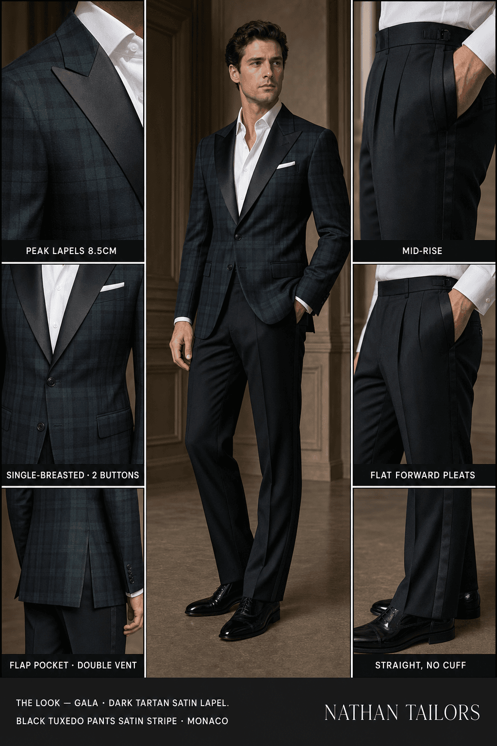 Dark tartan satin lapel.  Black tuxedo pants satin stripe single-breasted peak-lapel bespoke suit — AI-rendered by Nathan Tailors, the Hoi An custom tailor. Available as a custom tailored suit from $129.