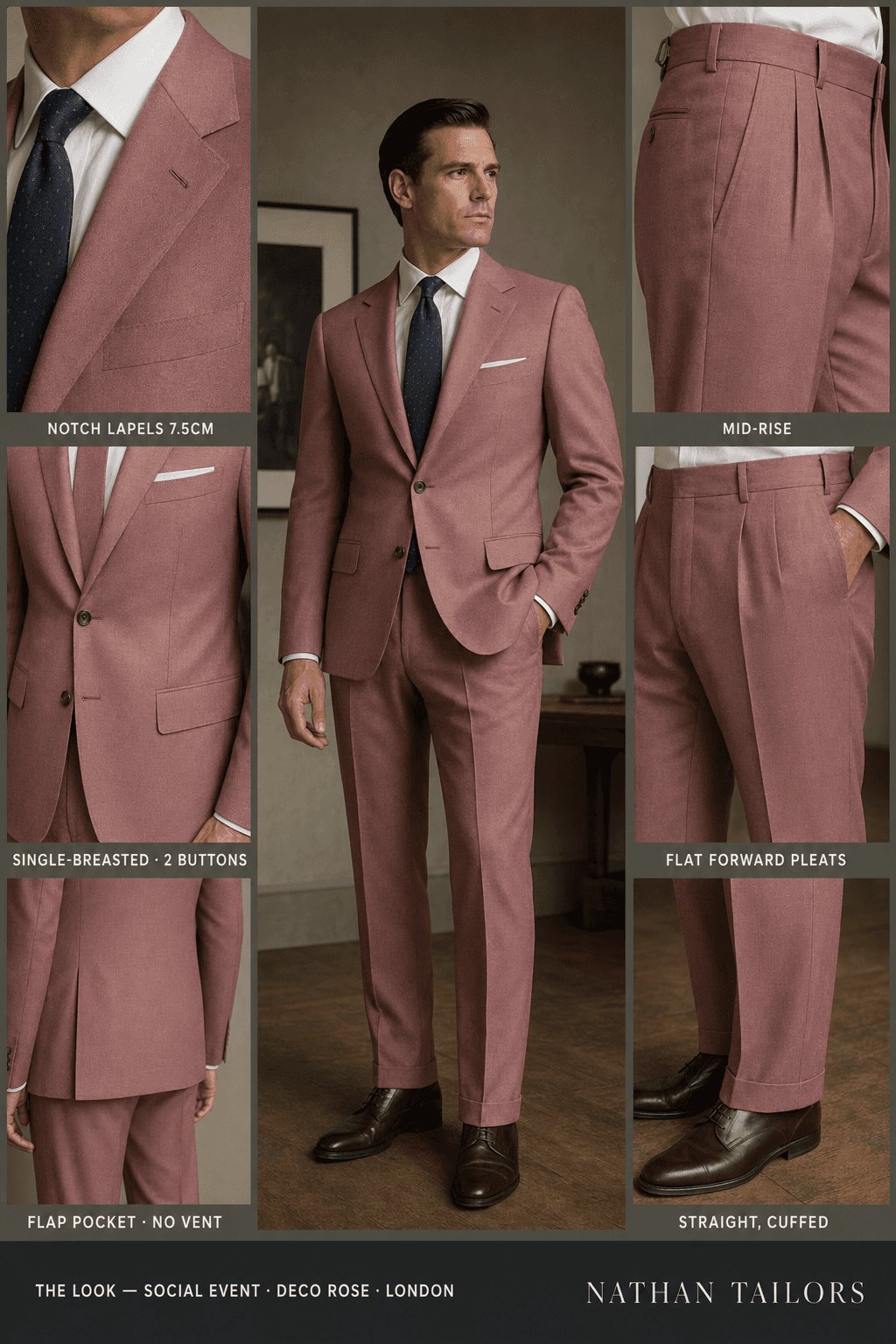 Deco Rose single-breasted notch-lapel bespoke suit — AI-rendered by Nathan Tailors, the Hoi An custom tailor. Available as a custom tailored suit from $129.
