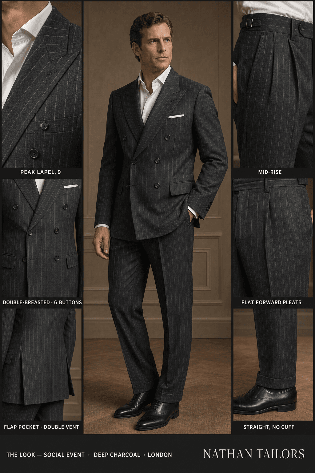 deep charcoal chalk stripe double-breasted notch-lapel bespoke suit — AI-rendered by Nathan Tailors, the Hoi An custom tailor. Available as a custom tailored suit from $129.