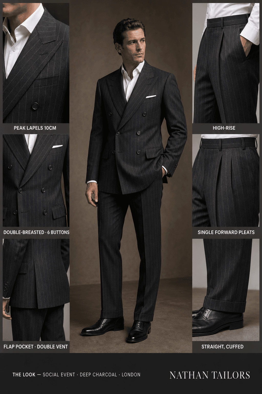 deep charcoal chalk stripe double-breasted peak-lapel bespoke suit — AI-rendered by Nathan Tailors, the Hoi An custom tailor. Available as a custom tailored suit from $129.