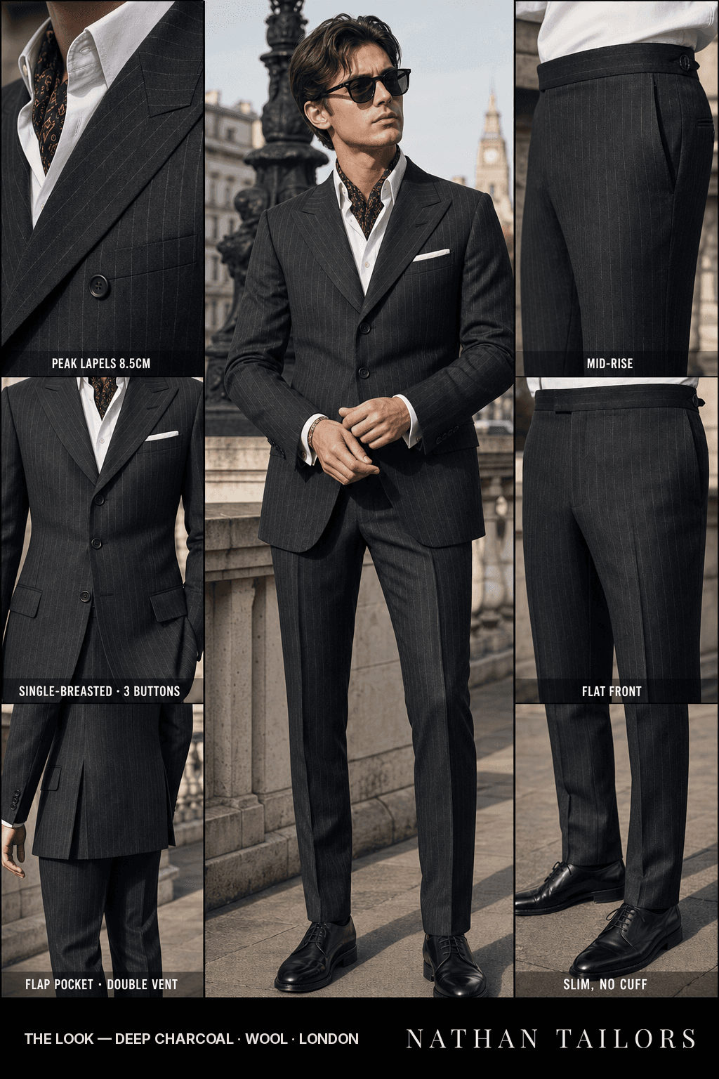 deep charcoal chalk stripe single-breasted peak-lapel bespoke suit — AI-rendered by Nathan Tailors, the Hoi An custom tailor. Available as a custom tailored suit from $149.