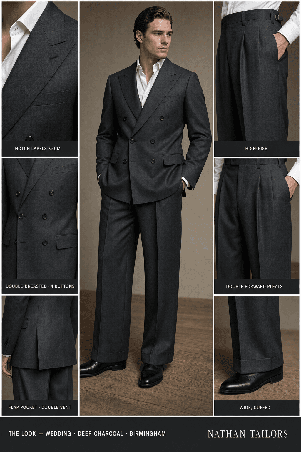 deep charcoal double-breasted notch-lapel bespoke suit — AI-rendered by Nathan Tailors, the Hoi An custom tailor. Available as a custom tailored suit from $129.