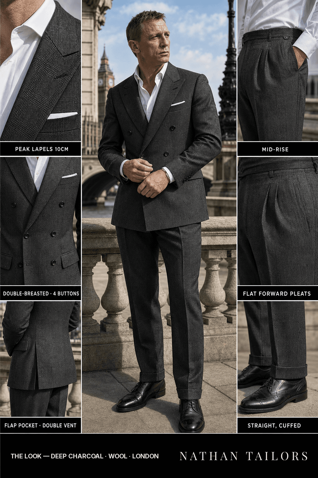 deep charcoal glen_plaid double-breasted bespoke suit — custom tailored by Nathan Tailors, the Hoi An custom tailor