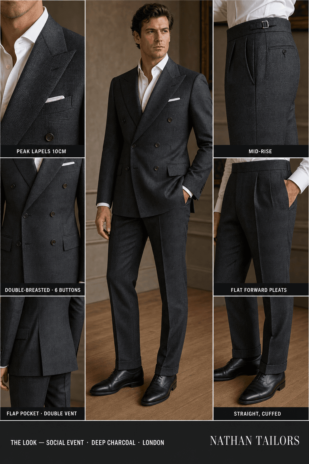 deep charcoal glen plaid double-breasted peak-lapel bespoke suit — AI-rendered by Nathan Tailors, the Hoi An custom tailor. Available as a custom tailored suit from $129.