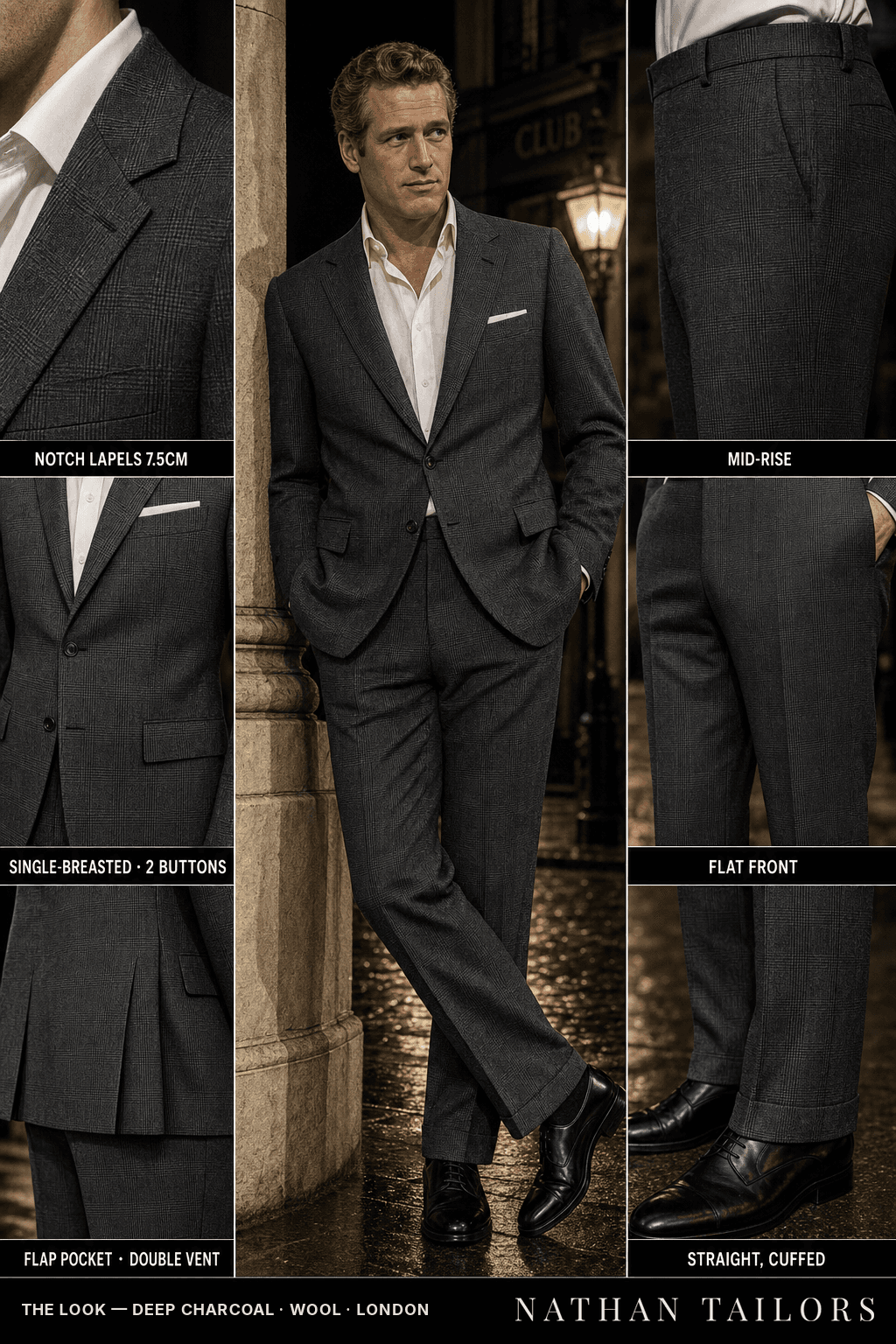 deep charcoal glen plaid single-breasted notch-lapel bespoke suit — AI-rendered by Nathan Tailors, the Hoi An custom tailor. Available as a custom tailored suit from $149.